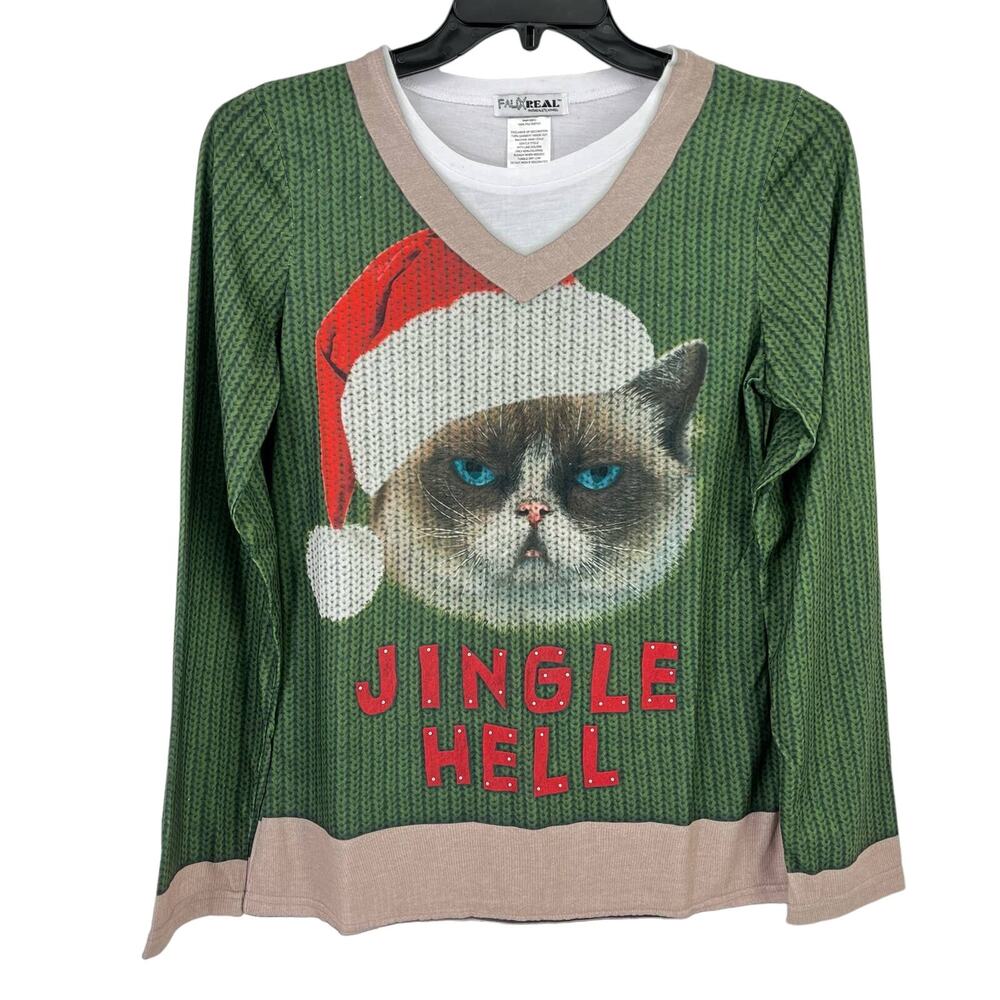 Faux Real Jingle Hell Grumpy Cat Photo Ugly Christmas Print Shirt Womens Sz XL